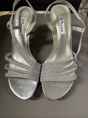 ANNA New York Silver Glitter Strappy Slingback Heels